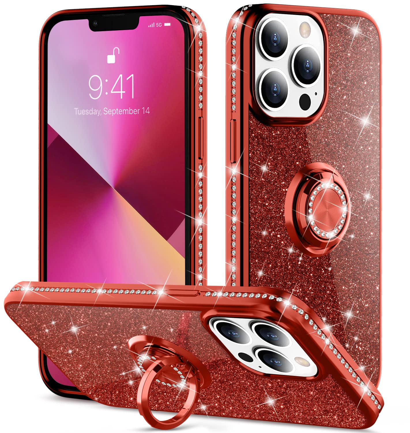 LOVE 3000 グリッター iPhone 12 Pro Max 6.7インチ用 [ダイヤモンドキックスタンド]  輝く豪華なキラキラクリスタルラインストーン フルボディ保護ケース キュートなiPhone 12 Pro Max レディース ガールズ ワインレッド